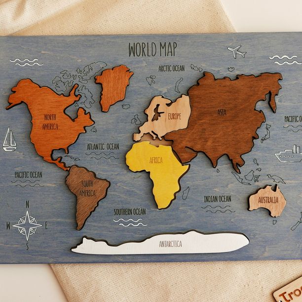 Puzzle Mapa sveta - Handmade maľovaný, sivý